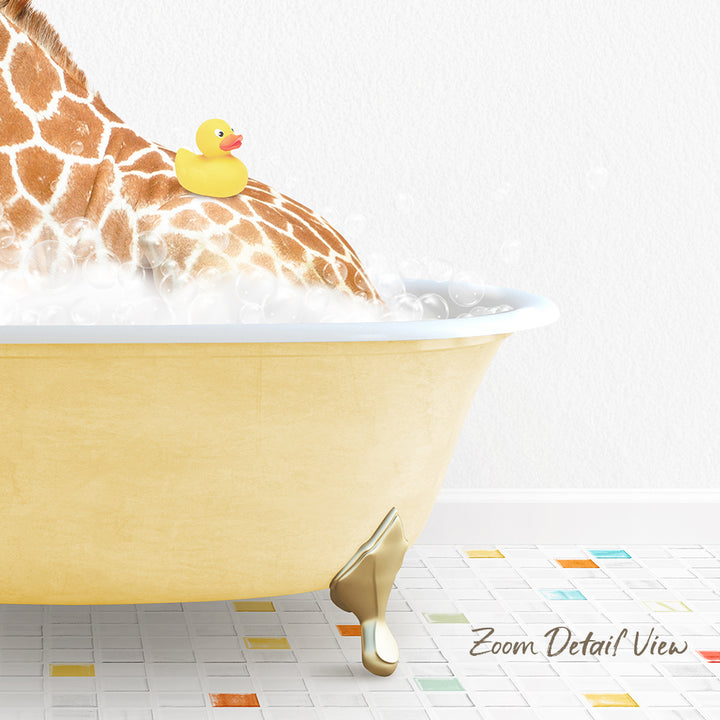 A giraffe is sitting in a yellow bathtub filled with bubbles, with a rubber duck floating on its back.