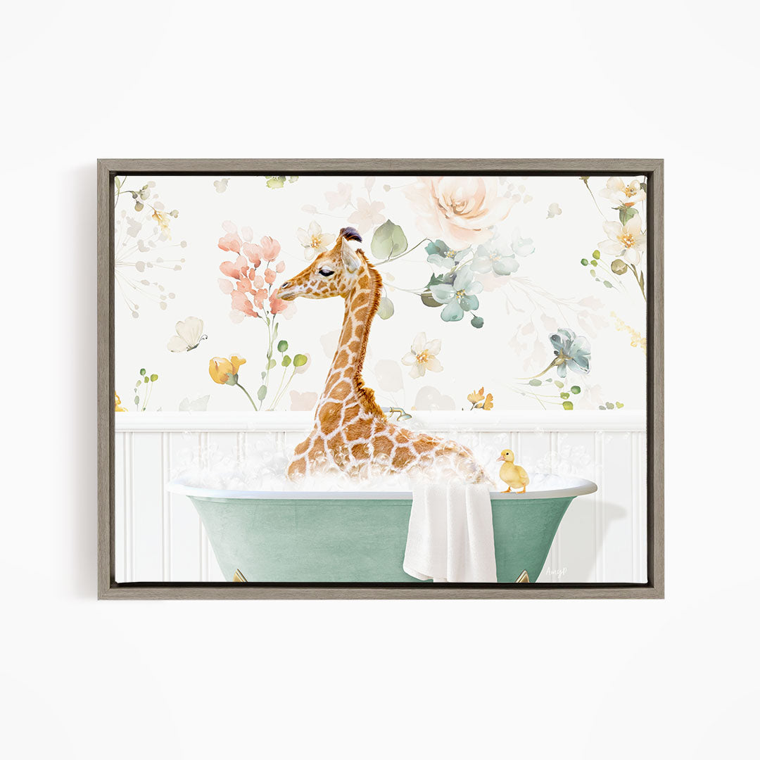 A giraffe sitting in a green bathtub filled with bubbles, surrounded by flowers and greenery.