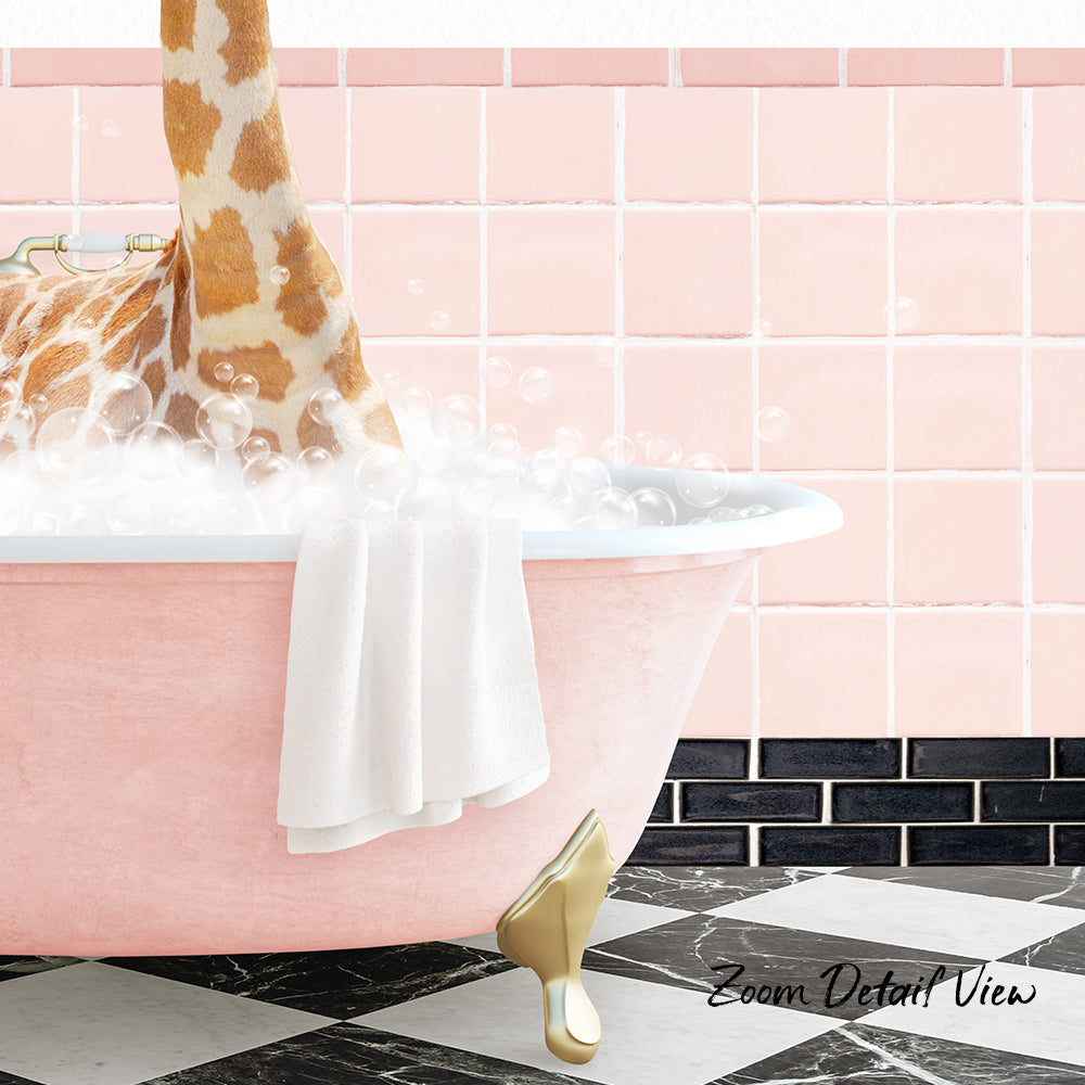 A giraffe is taking a bath in a pink bathtub, surrounded by bubbles, with a pink tiled wall in the background.