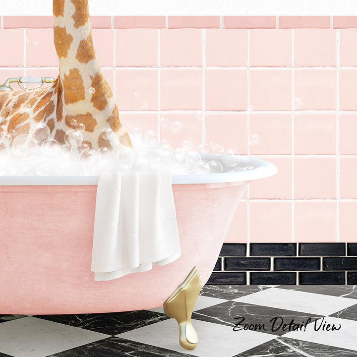 A giraffe is taking a bath in a pink bathtub, surrounded by bubbles, with a pink tiled wall in the background.