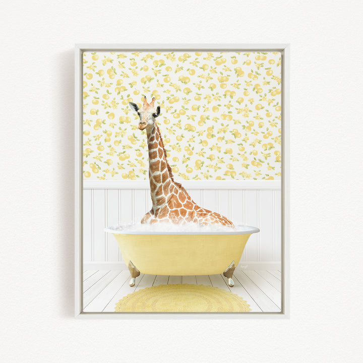A giraffe is sitting in a yellow bathtub filled with bubbles, surrounded by a yellow and white floral patterned wall.