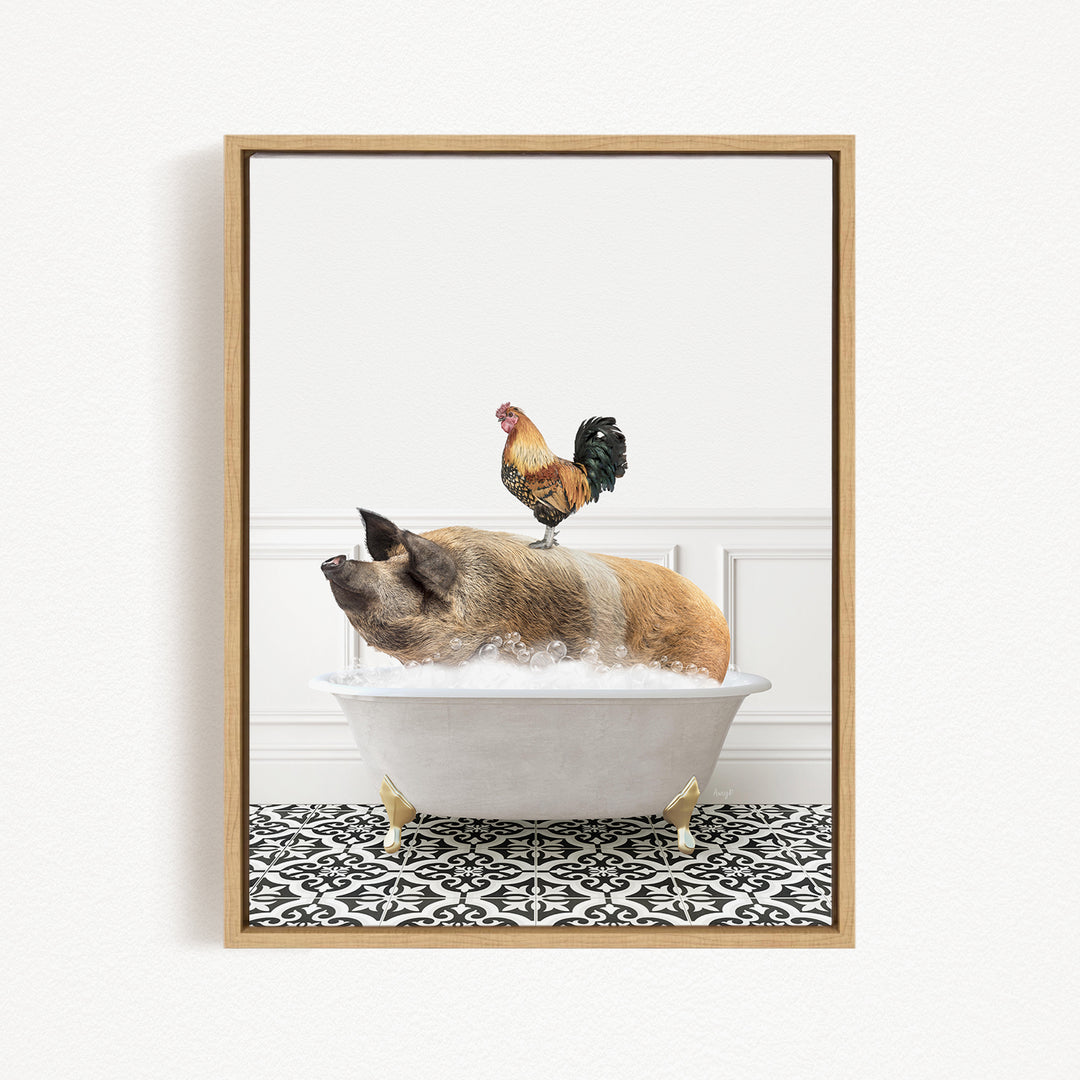 A rooster sits atop a pig in a bathtub, creating a whimsical and humorous scene.