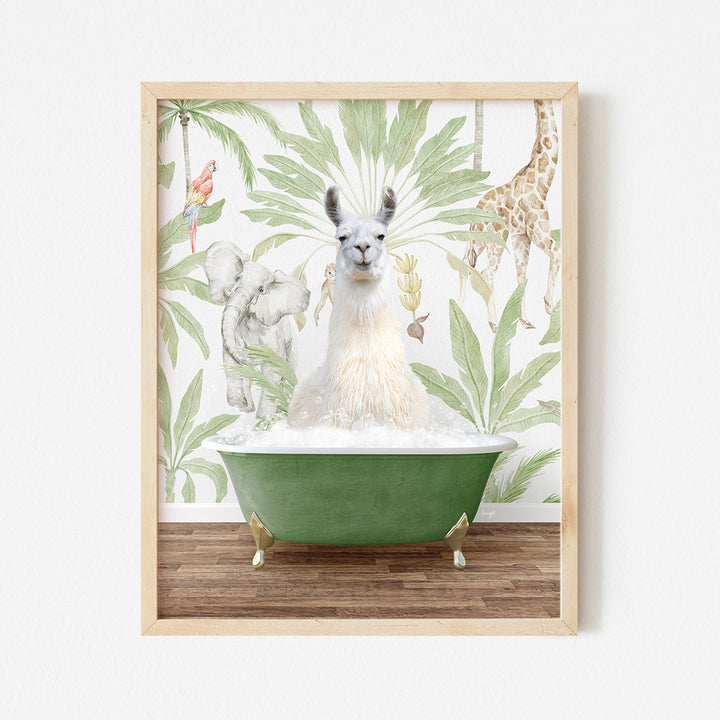 a picture of a llama in a bathtub