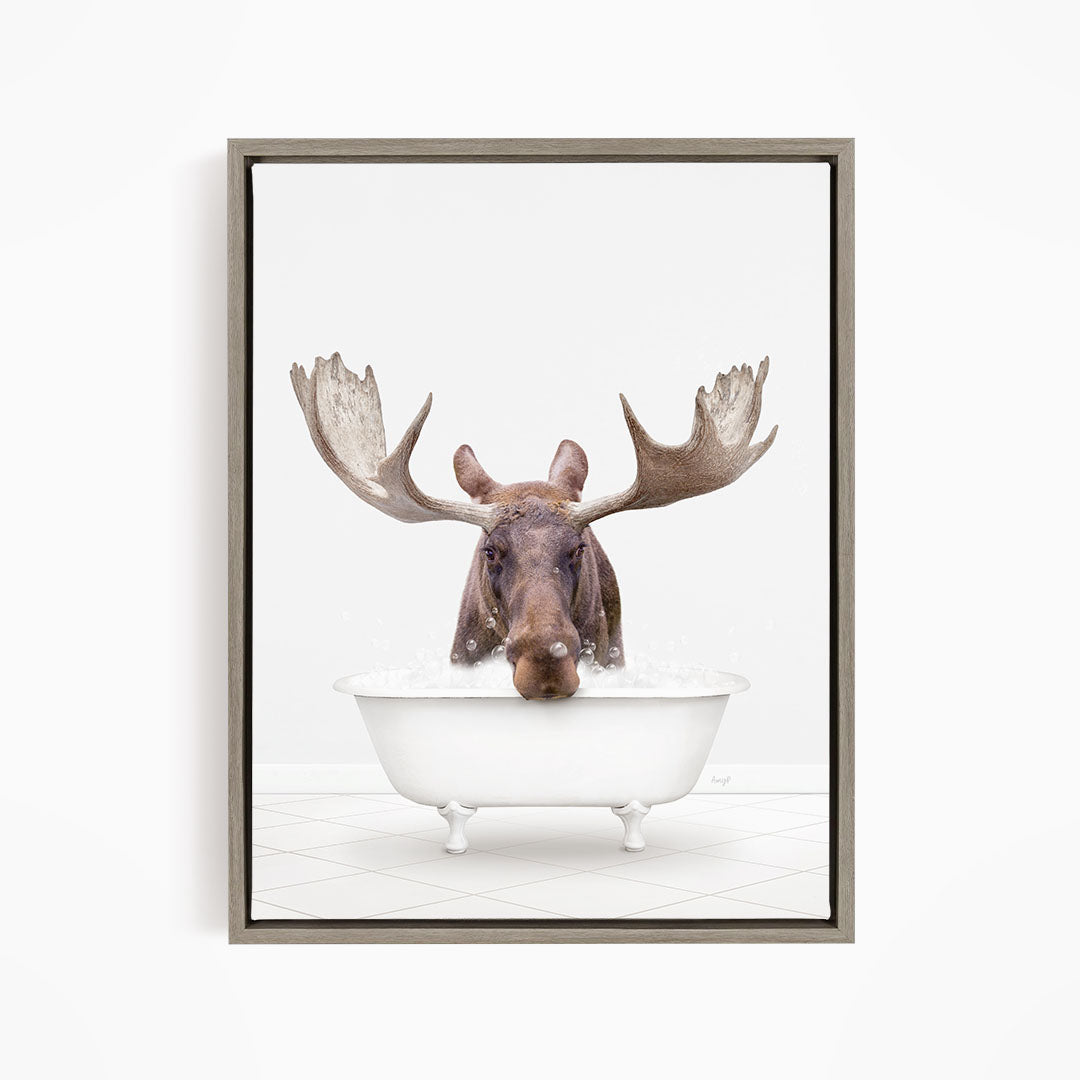 A moose with large antlers is sitting in a white bathtub, appearing to be enjoying a bath.