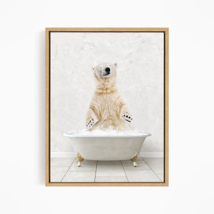 A polar bear standing in a white bathtub filled with water, appearing to be enjoying a bath.