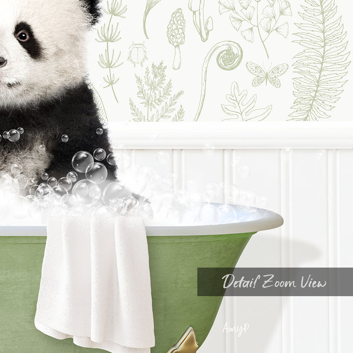 A panda bear sitting in a green bathtub filled with bubbles, surrounded by a floral wallpaper.