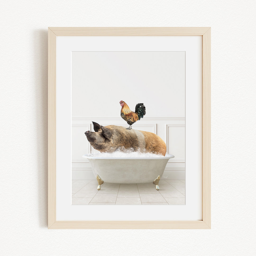 A rooster sits atop a pig in a bathtub, creating a whimsical and humorous scene.