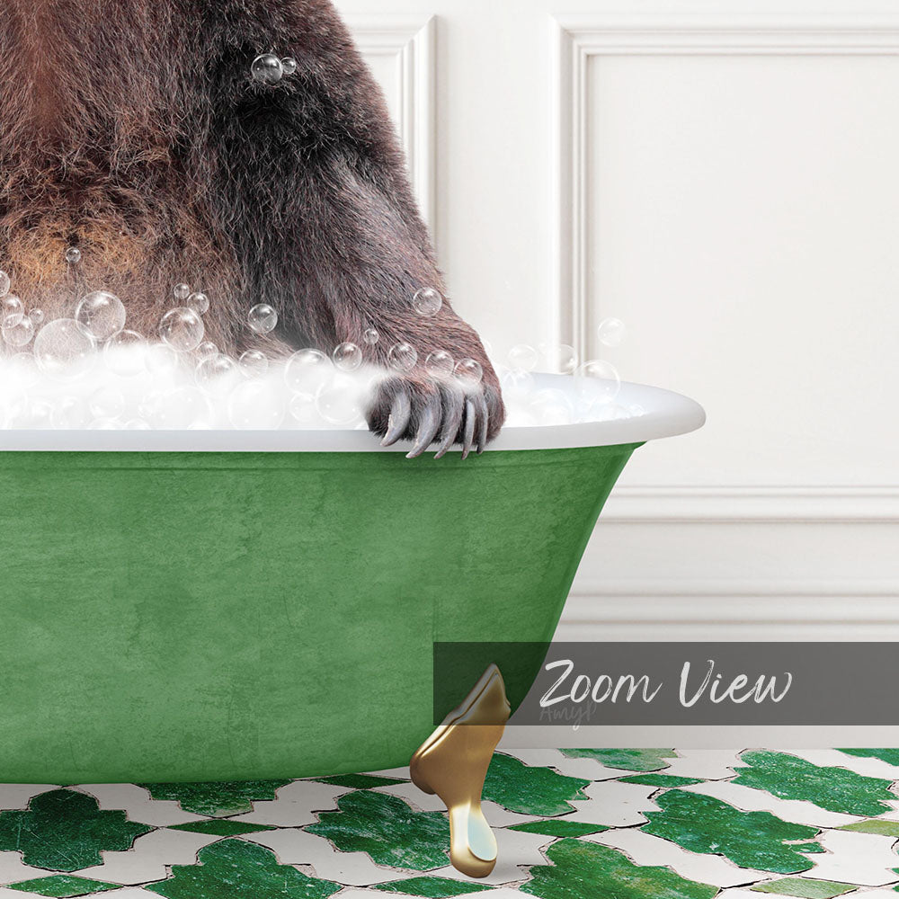 A close-up of a bear's paw in a green bathtub filled with bubbles, with a text overlay that reads "Zoom View".