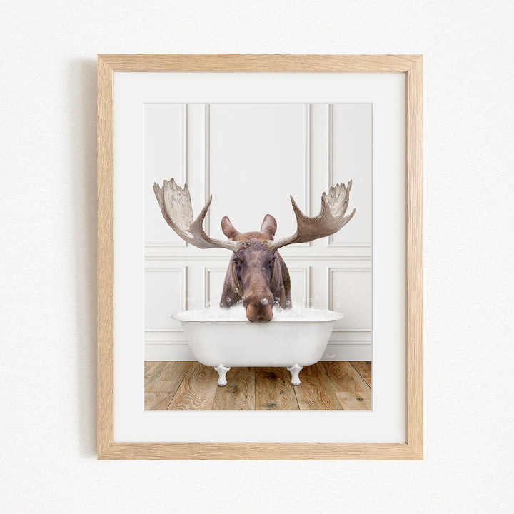 A moose with large antlers is sitting in a white bathtub, appearing to enjoy the bath.