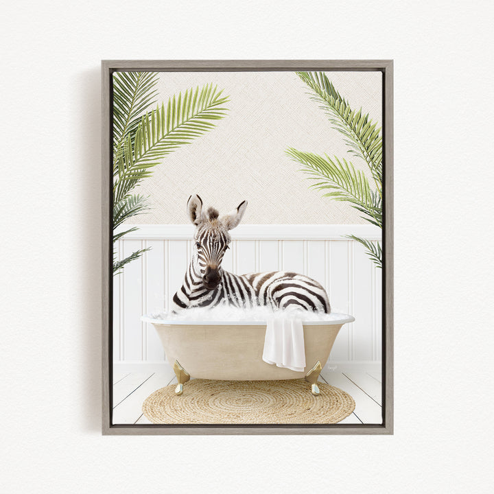 A zebra is sitting in a bathtub filled with water, surrounded by palm leaves, creating a whimsical and playful scene.
