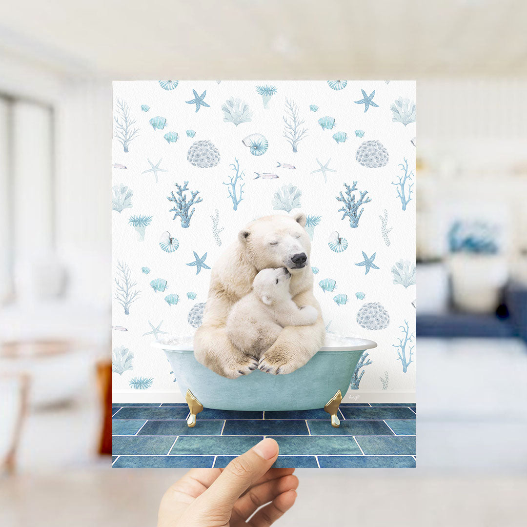 A polar bear is sitting in a bathtub, with a baby bear nestled next to it, against a backdrop of blue and white marine-themed wallpaper.