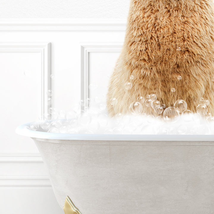 a brown bear sitting in a bathtub filled with bubbles