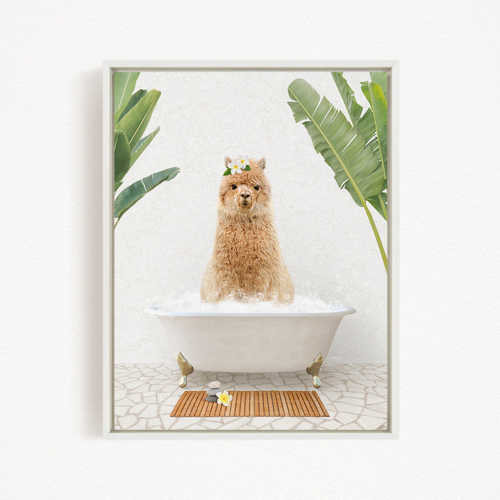 A fluffy brown alpaca sitting in a white bathtub, surrounded by tropical plants and a wooden mat on the floor.