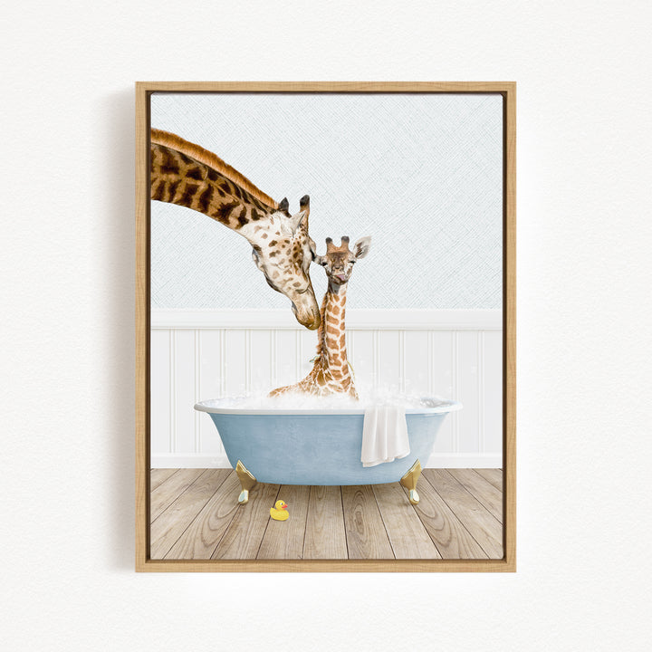 A mother giraffe and her baby giraffe are enjoying a relaxing bath together in a blue bathtub, with a yellow rubber duck floating nearby.