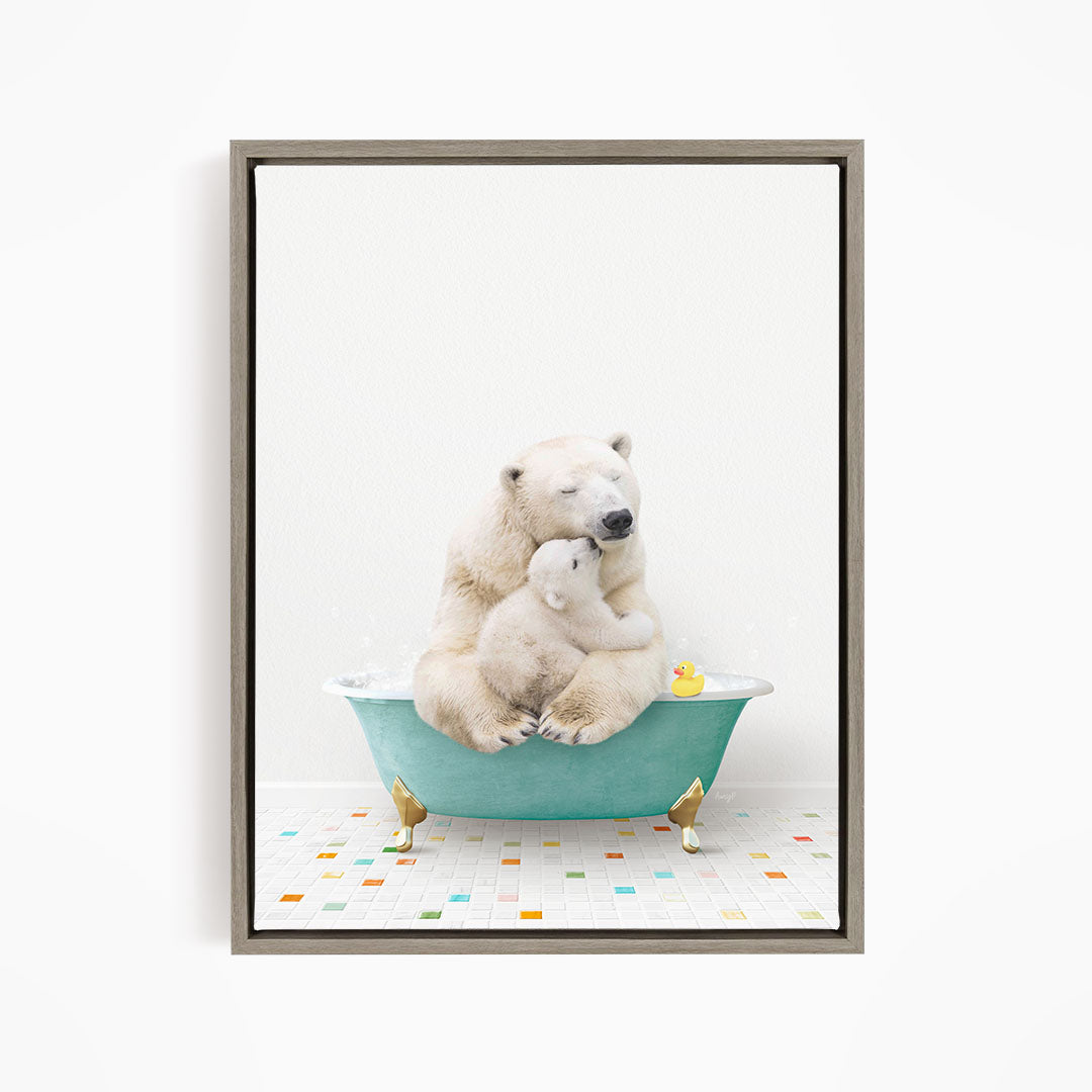 A polar bear and its cub are sitting together in a bathtub filled with water, surrounded by colorful tiles on the floor.
