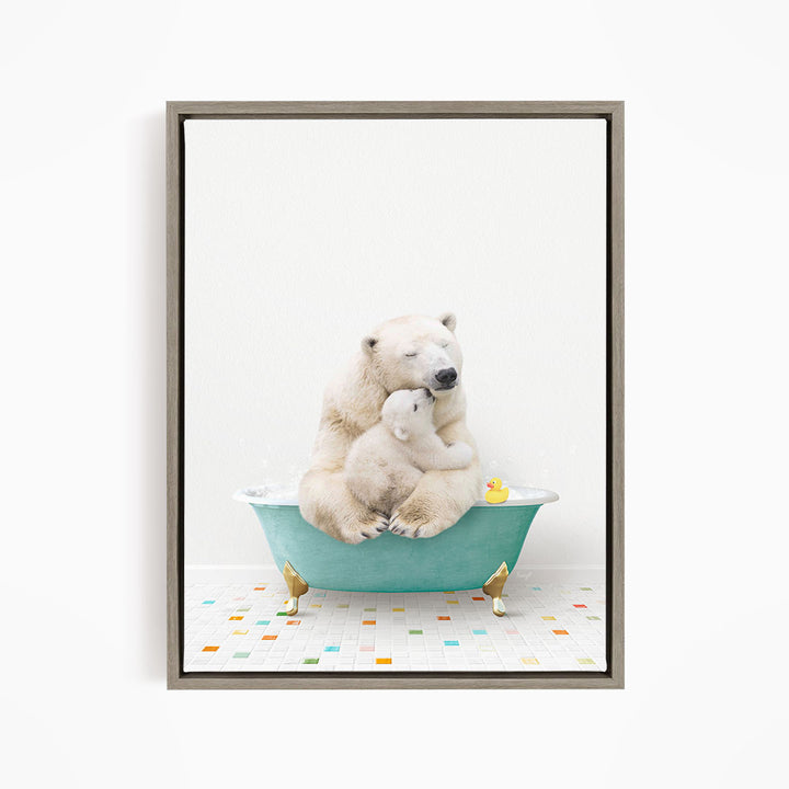 A polar bear and its cub are sitting together in a bathtub filled with water, surrounded by colorful tiles on the floor.