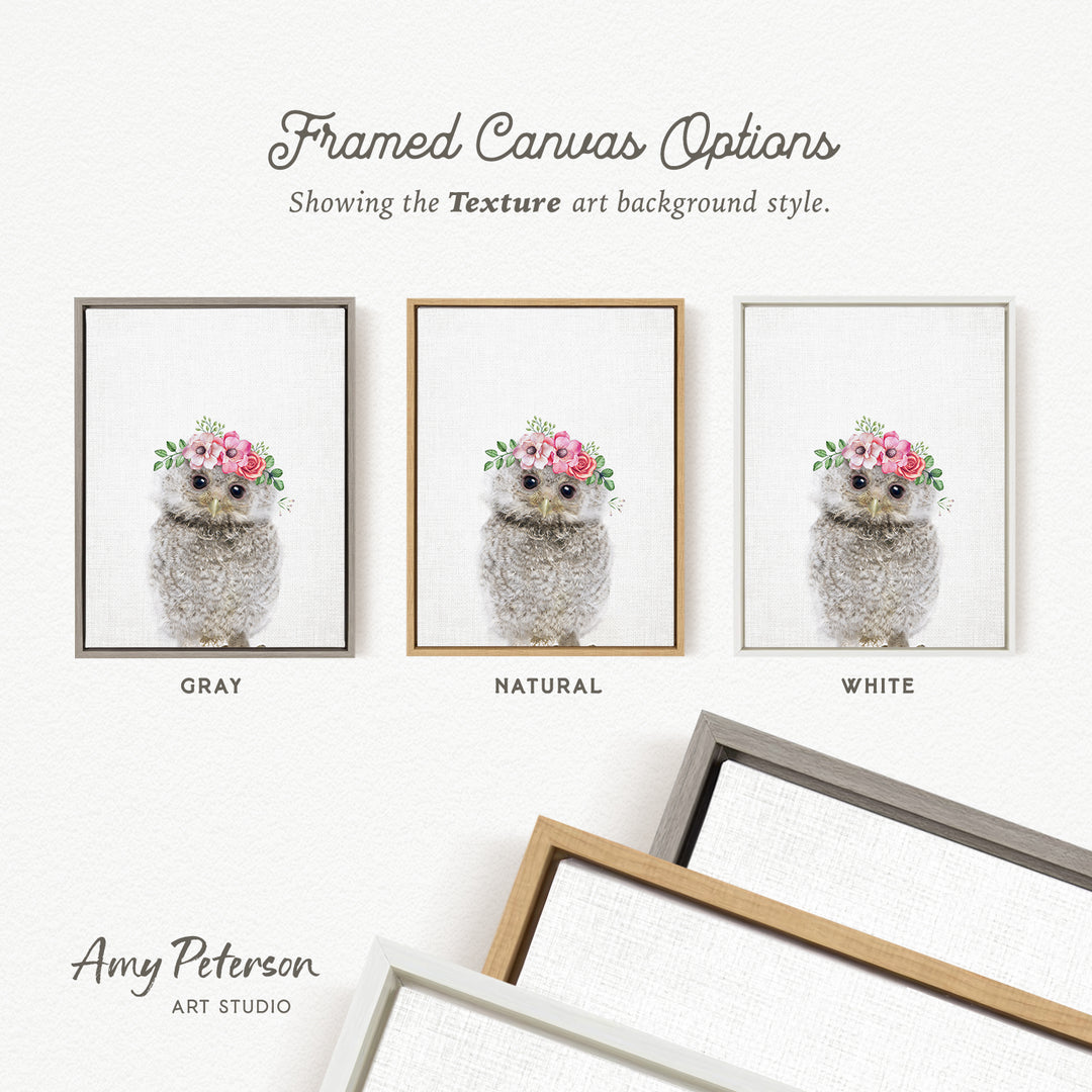 three framed canvas options, each featuring a picture of an owl with a floral headpiece. The options include a gray frame, a natural frame, and a white frame. The text above the images reads " Framed Canvas Options" and "Showing the Texture art background style." The artist's name, Amy Peterson, is also mentioned at the bottom of the image.