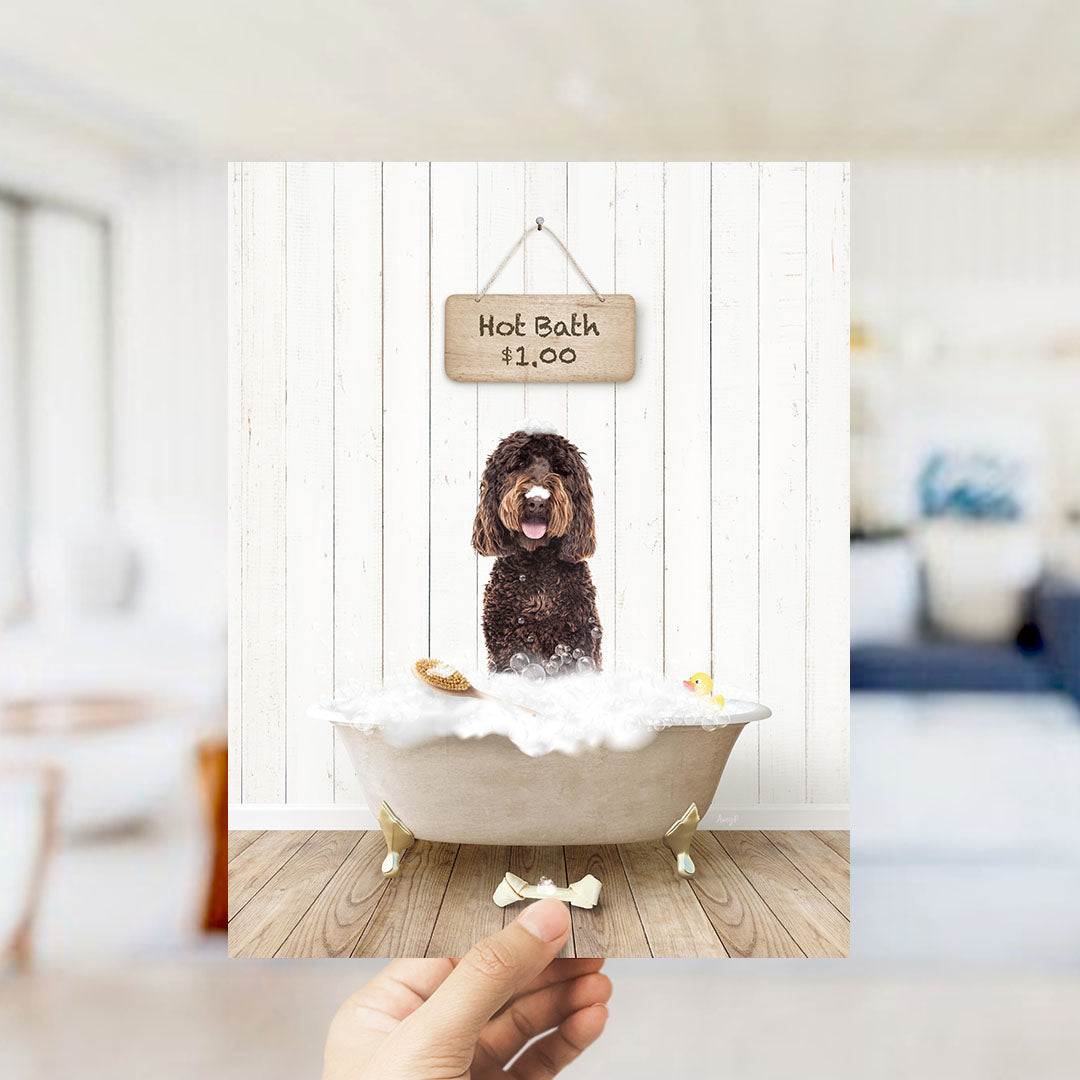 A brown dog standing in a bathtub filled with bubbles, with a sign above the tub indicating a hot bath for $1.00.
