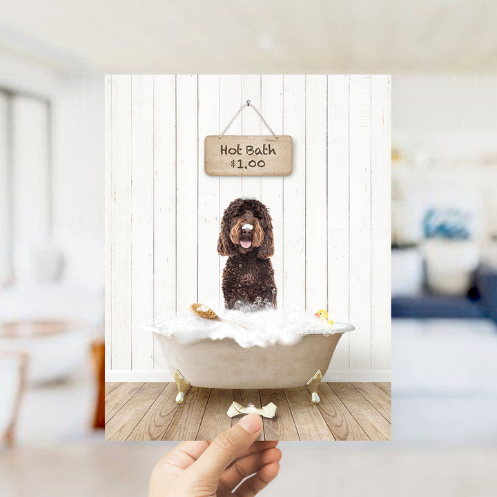 A brown dog standing in a bathtub filled with bubbles, with a sign above the tub indicating a hot bath for $1.00.