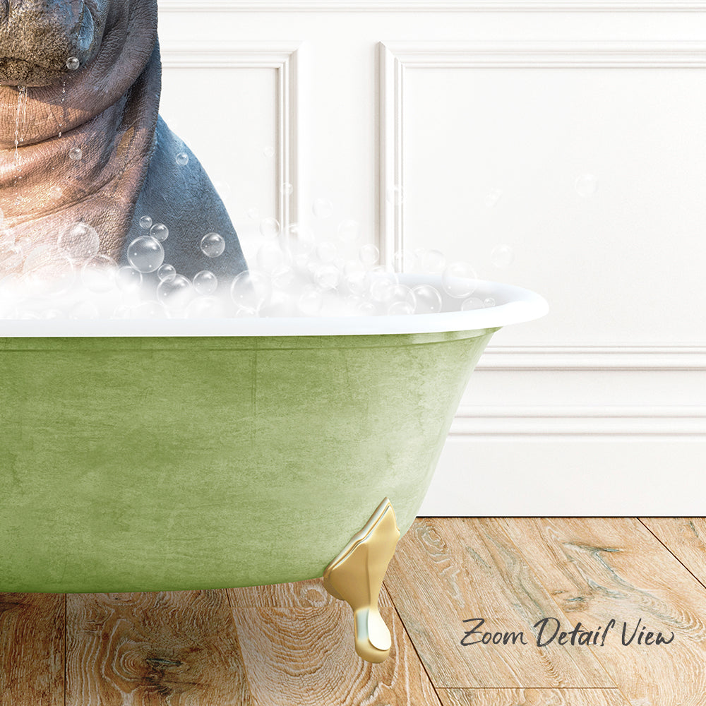 A close-up of a green bathtub filled with bubbles, with a dog's head partially visible above the tub.