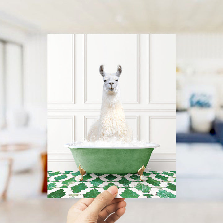 A white llama sitting in a green bathtub filled with bubbles, with a hand holding the image up to the viewer.