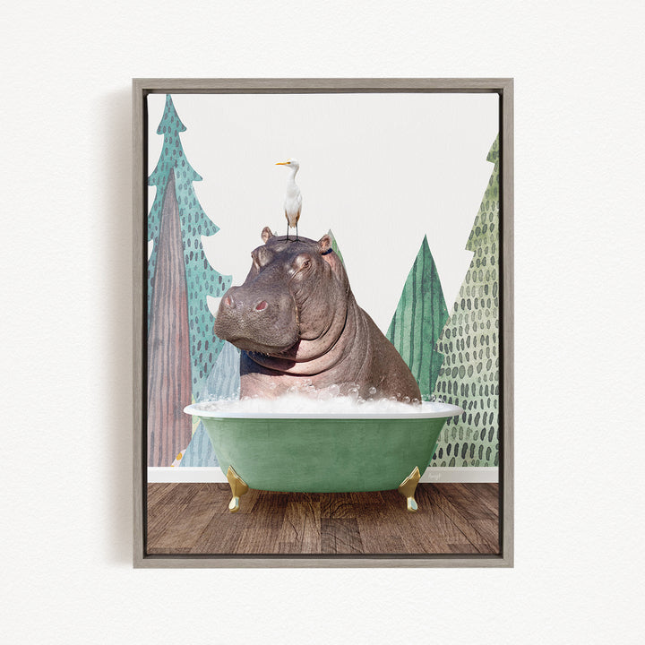 A hippopotamus sitting in a green bathtub, with a seagull perched on its head.
