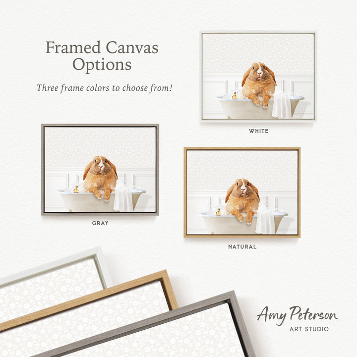The image is a framed canvas with three different frame colors to choose from: white, gray, and natural. The canvas features a brown and white dog sitting in a bathtub, and the image displays the dog in each frame.