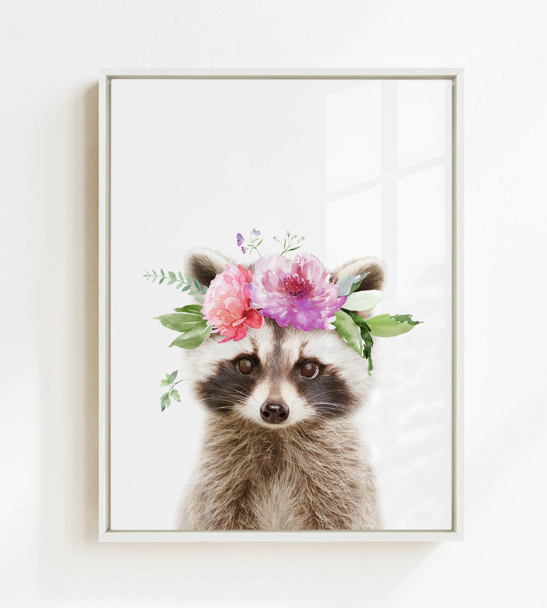 A raccoon wearing a floral crown on its head, with pink and purple flowers and green leaves adorning its head.