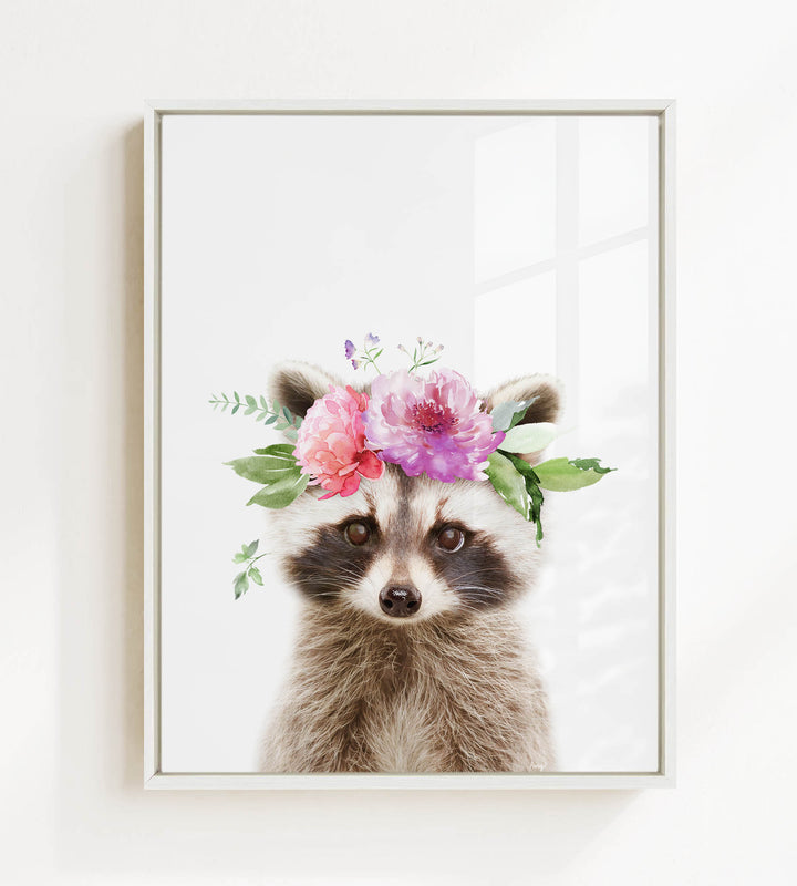 A raccoon wearing a floral crown on its head, with pink and purple flowers and green leaves adorning its head.