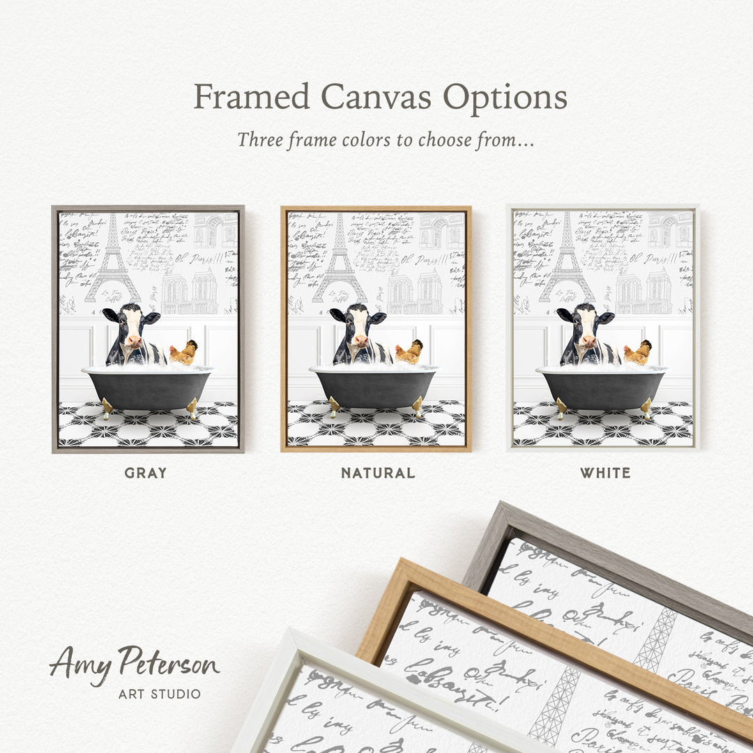 The image is a framed canvas option featuring three different color options for a painting of a cow in a bathtub, with the cow and bathtub in black and white, and the cow and bathtub in natural and white.