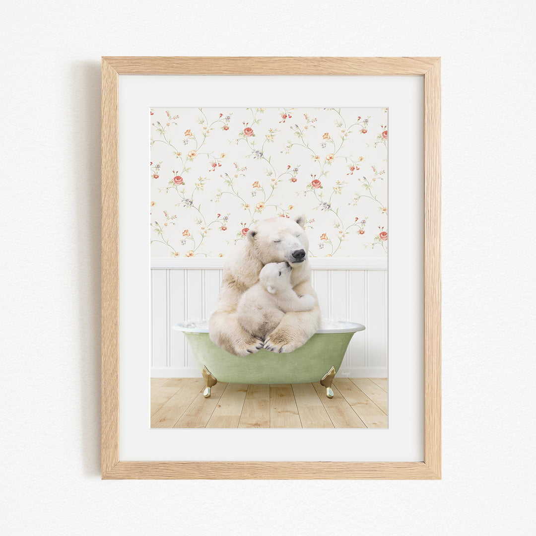 A polar bear is sitting in a green bathtub, with a baby polar bear nestled next to it, against a floral wallpaper background.
