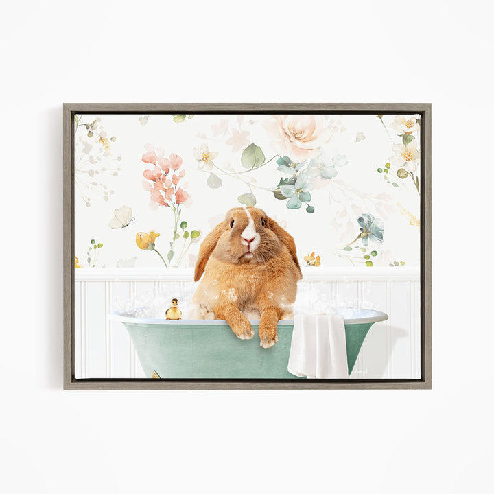 A brown rabbit sitting in a green bathtub filled with water, surrounded by a floral pattern.