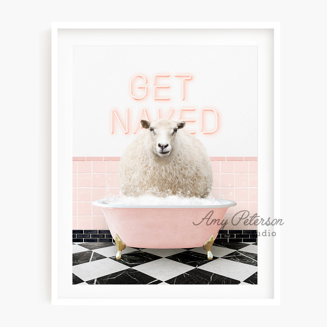 a white sheep sitting in a pink bath tub