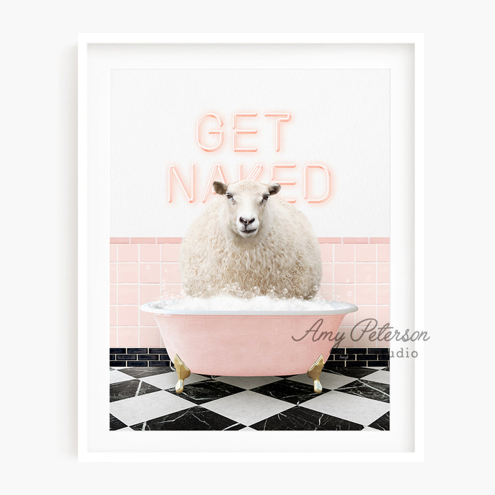 a white sheep sitting in a pink bath tub