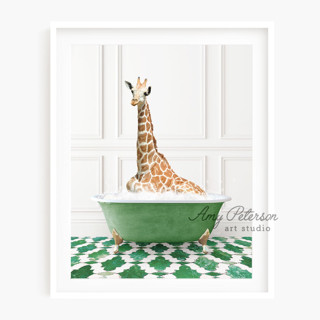 a giraffe sitting in a green bath tub