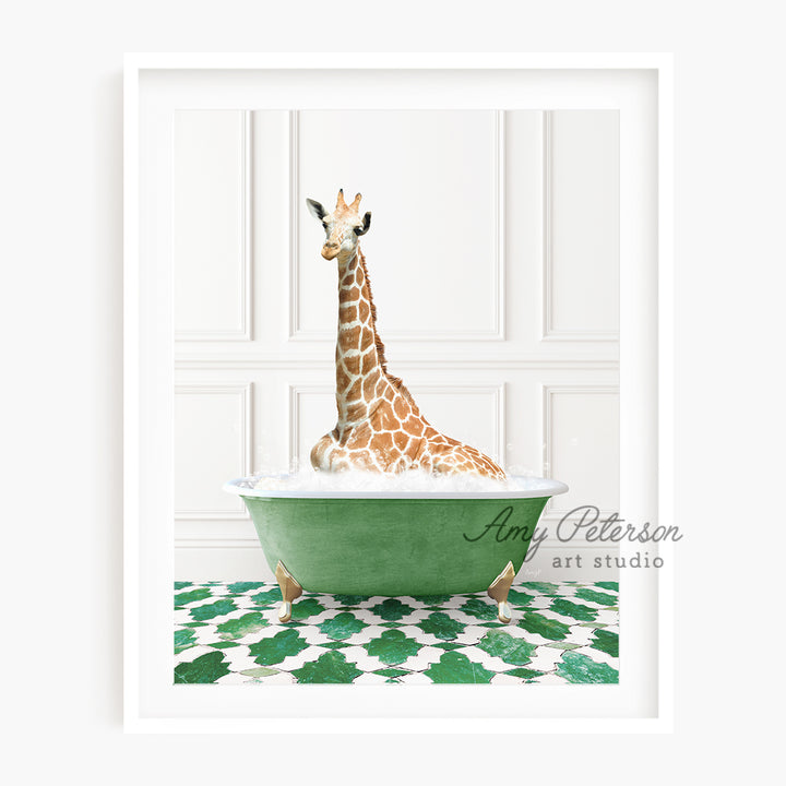 a giraffe sitting in a green bath tub