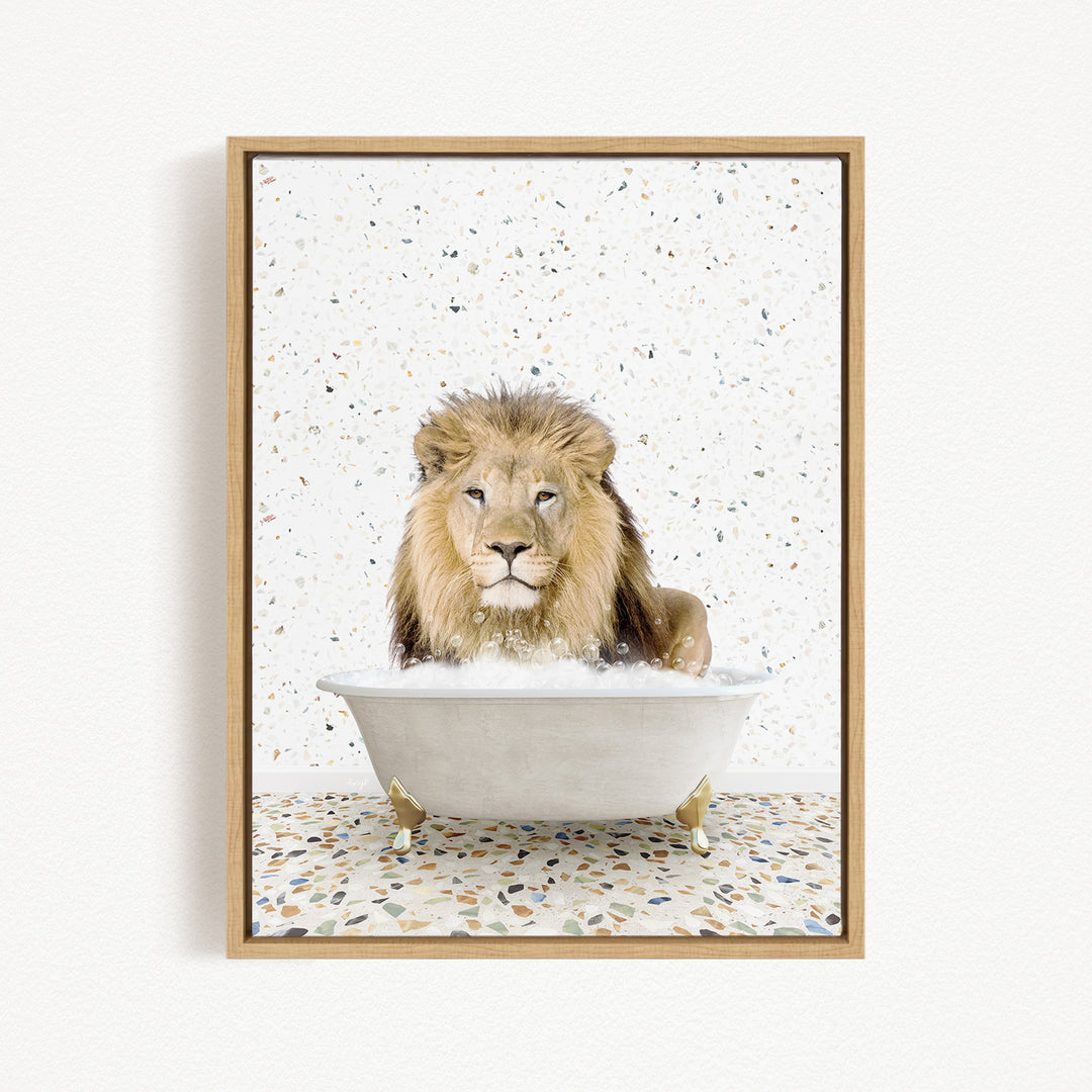 A lion is sitting in a bathtub filled with water, surrounded by a speckled background.