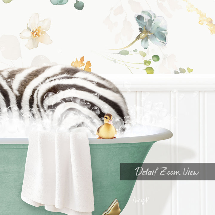 A zebra lying in a bathtub with a small yellow bird perched on its back.