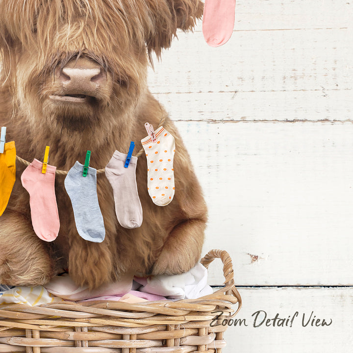 A brown cow is sitting in a wicker basket, with a line of colorful socks hanging from a clothesline above it.