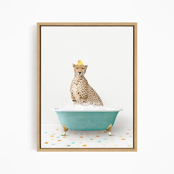 A cheetah sitting in a blue bathtub filled with water, with a yellow rubber duck perched on its head.
