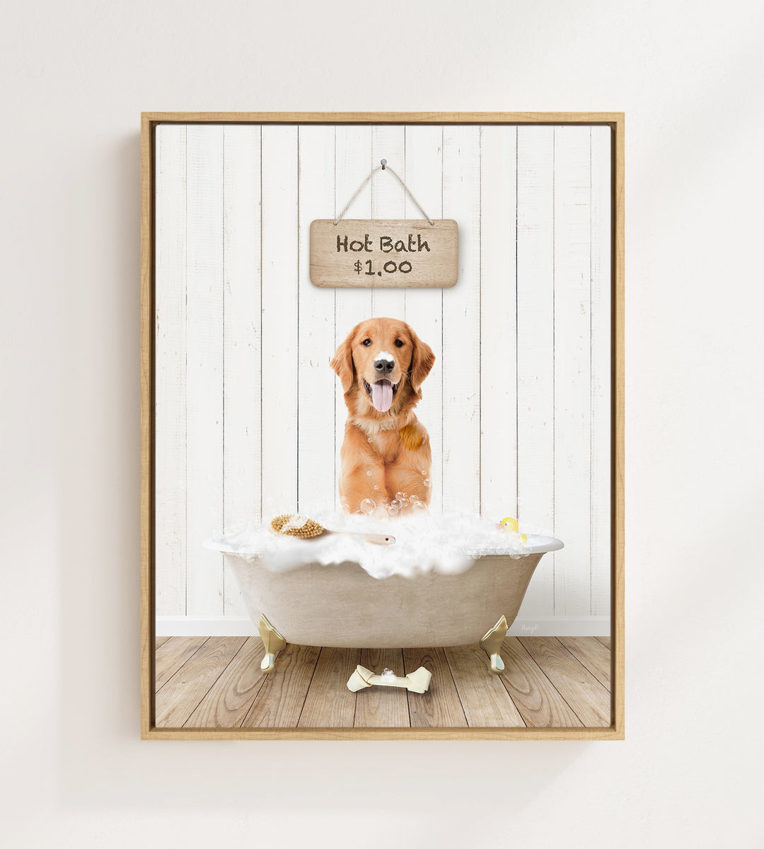 A golden retriever dog sitting in a bathtub filled with bubbles, with a sign above the bathtub that reads "Hot Bath $1.00".