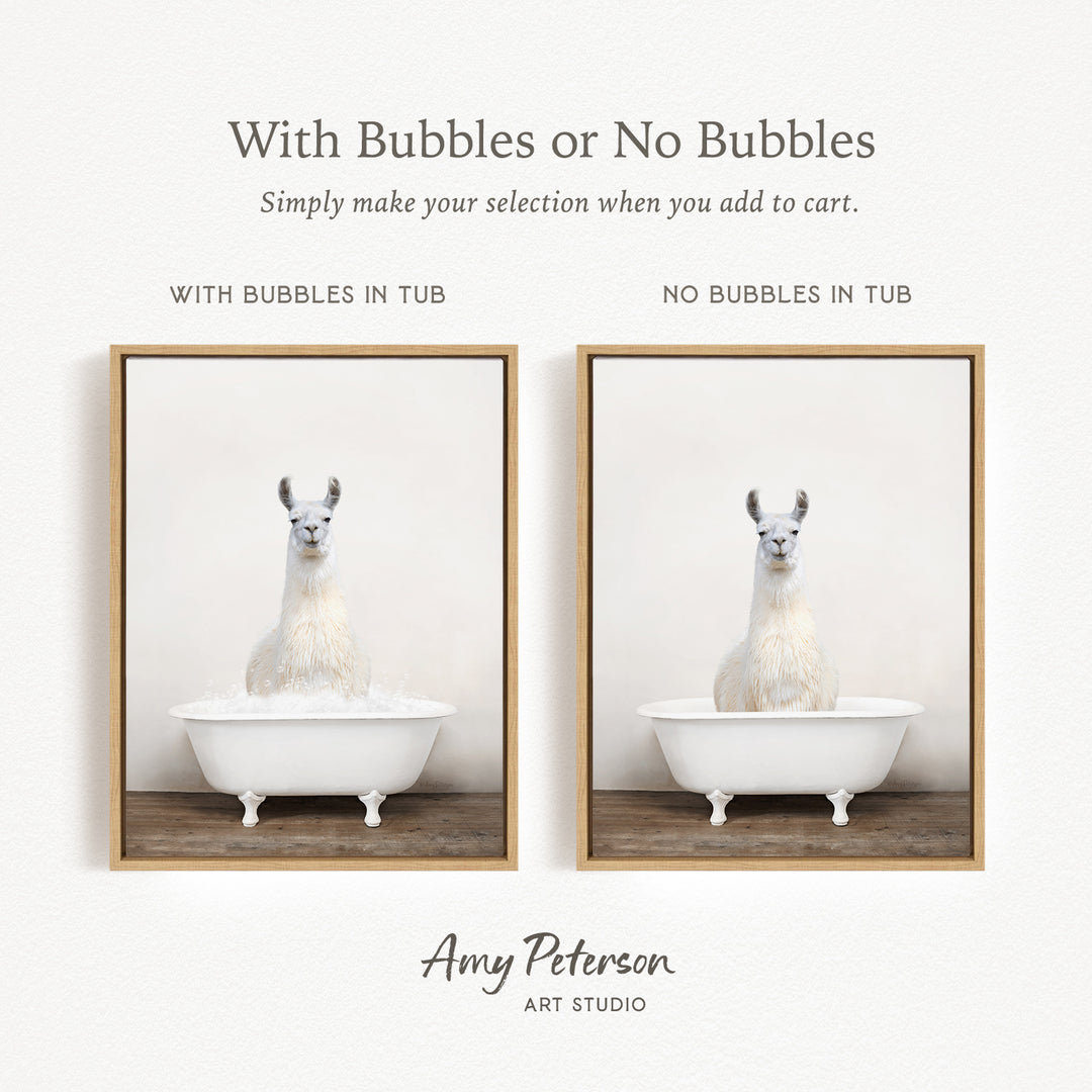 The image is a collage of two pictures featuring a llama sitting in a white bathtub. The llama appears to be enjoying a relaxing bath, with bubbles surrounding it. The text above the images reads "With Bubbles or No Bubbles" and below the images, it says "Simply make your selection when you add to cart."