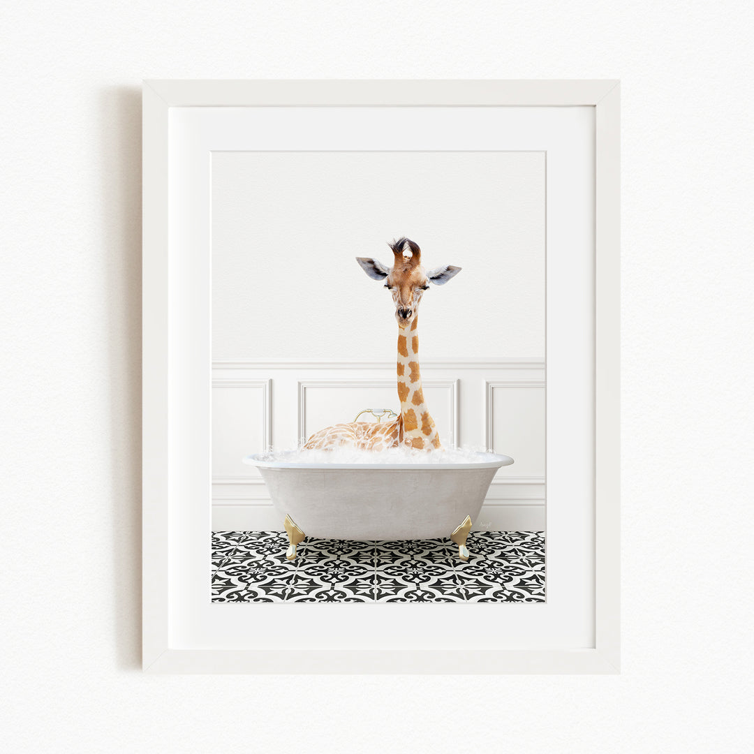 A giraffe is sitting in a white bathtub filled with water, creating a whimsical and playful scene.