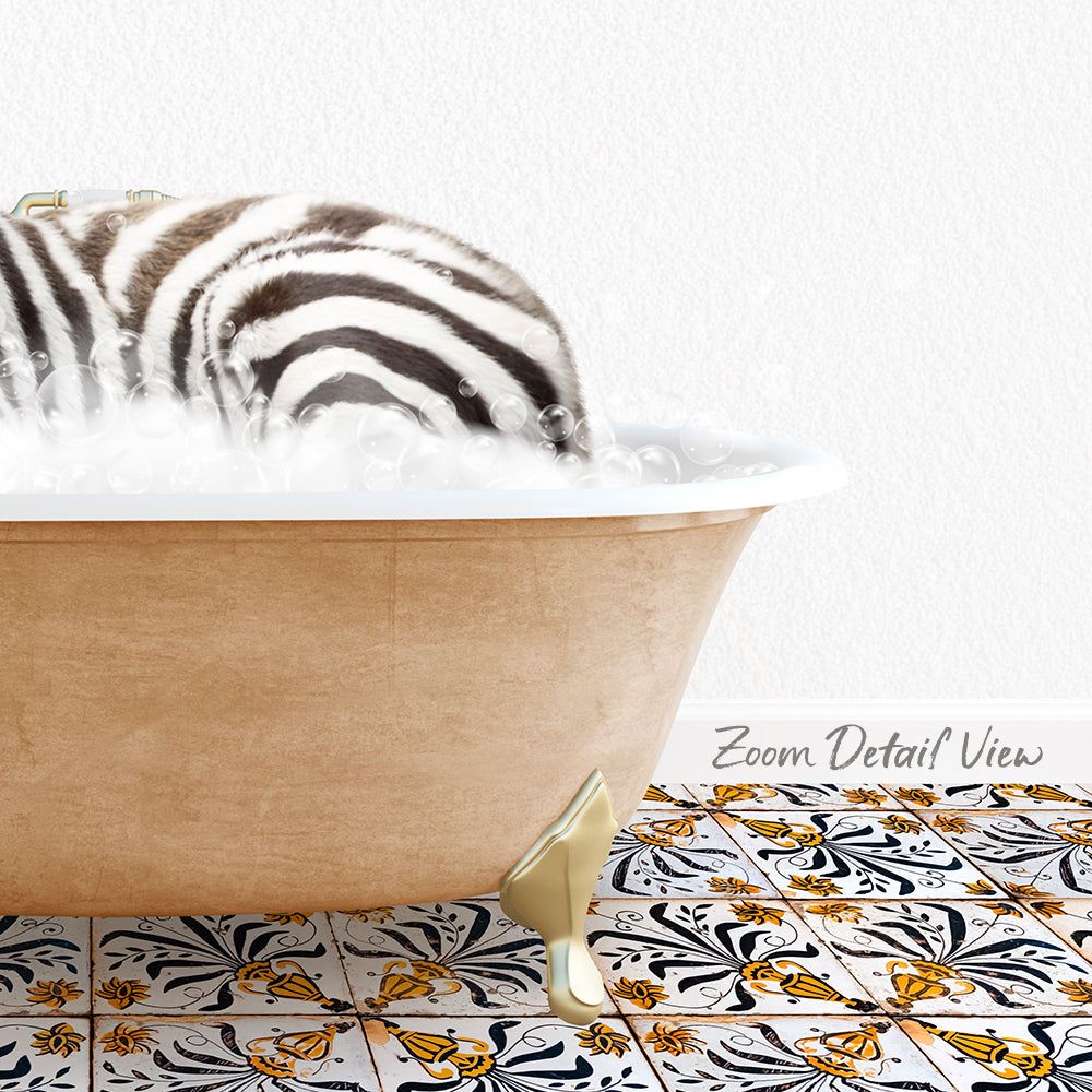 A zebra standing in a bathtub filled with bubbles, with a patterned tile floor in the background.
