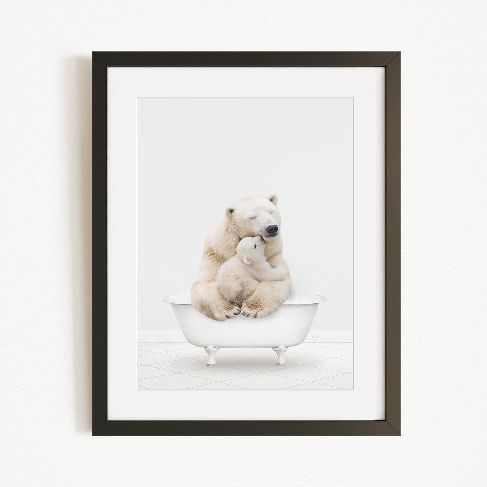 A polar bear and its cub sitting together in a bathtub, with the polar bear appearing to be hugging the cub.