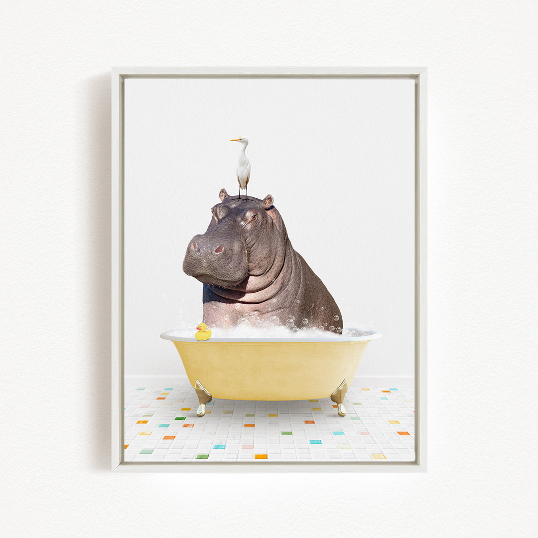 A hippopotamus sitting in a yellow bathtub, with a bird perched on its head.