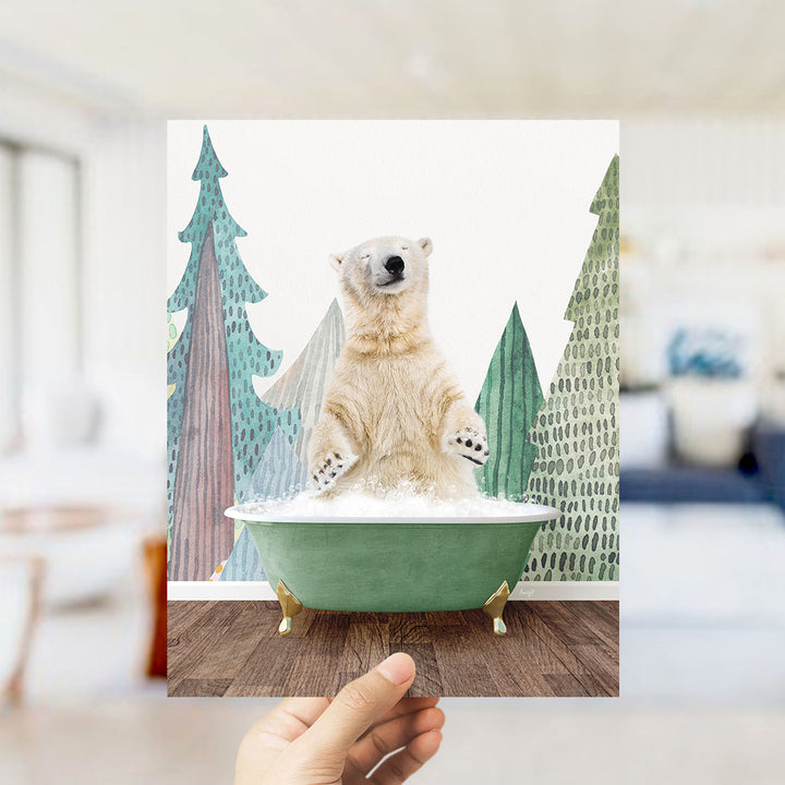 A polar bear sitting in a green bathtub, surrounded by trees and a snowy landscape.