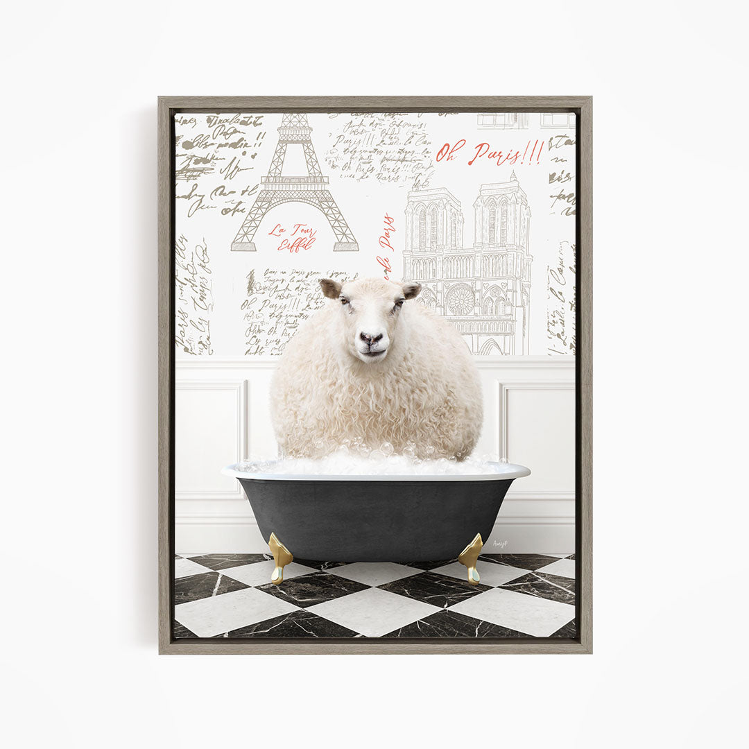A fluffy white sheep sits in a bathtub filled with water, surrounded by a Paris-themed background with the Eiffel Tower and other landmarks.
