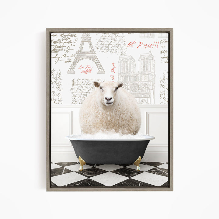 A fluffy white sheep sits in a bathtub filled with water, surrounded by a Paris-themed background with the Eiffel Tower and other landmarks.