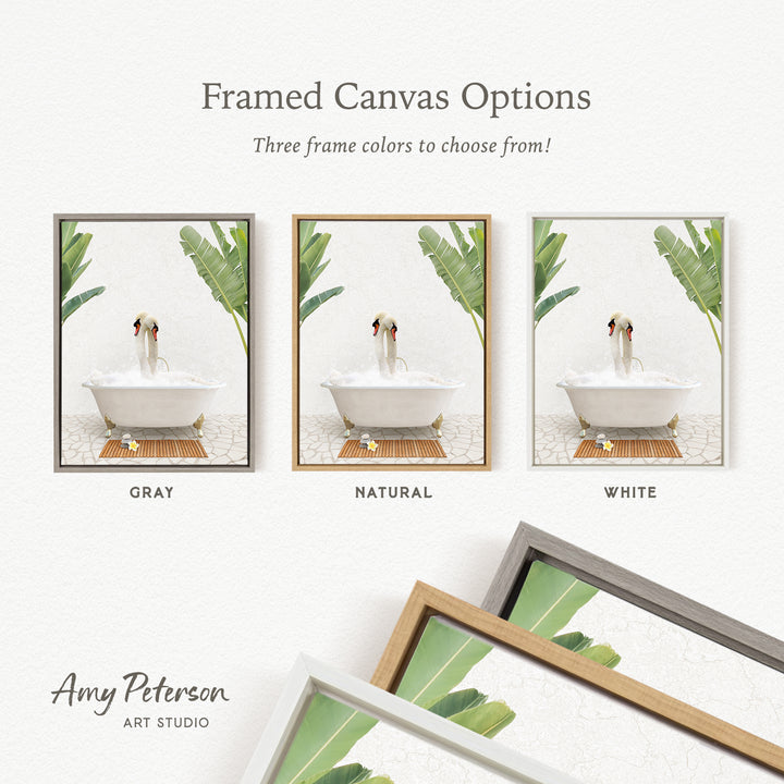 three framed canvas options, each featuring a different color: gray, natural, and white. The text above the images reads " Framed Canvas Options" and "Three frame colors to choose from!". The text below the images reads " Amy Peterson ART STUDIO".